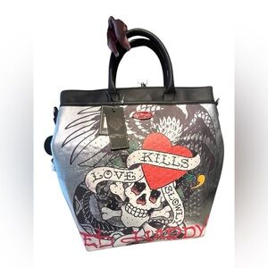 ❤️☠️Ed Hardy "Love Kills Slowly" faux leather Large backpack tote handbag❤️☠️NWT